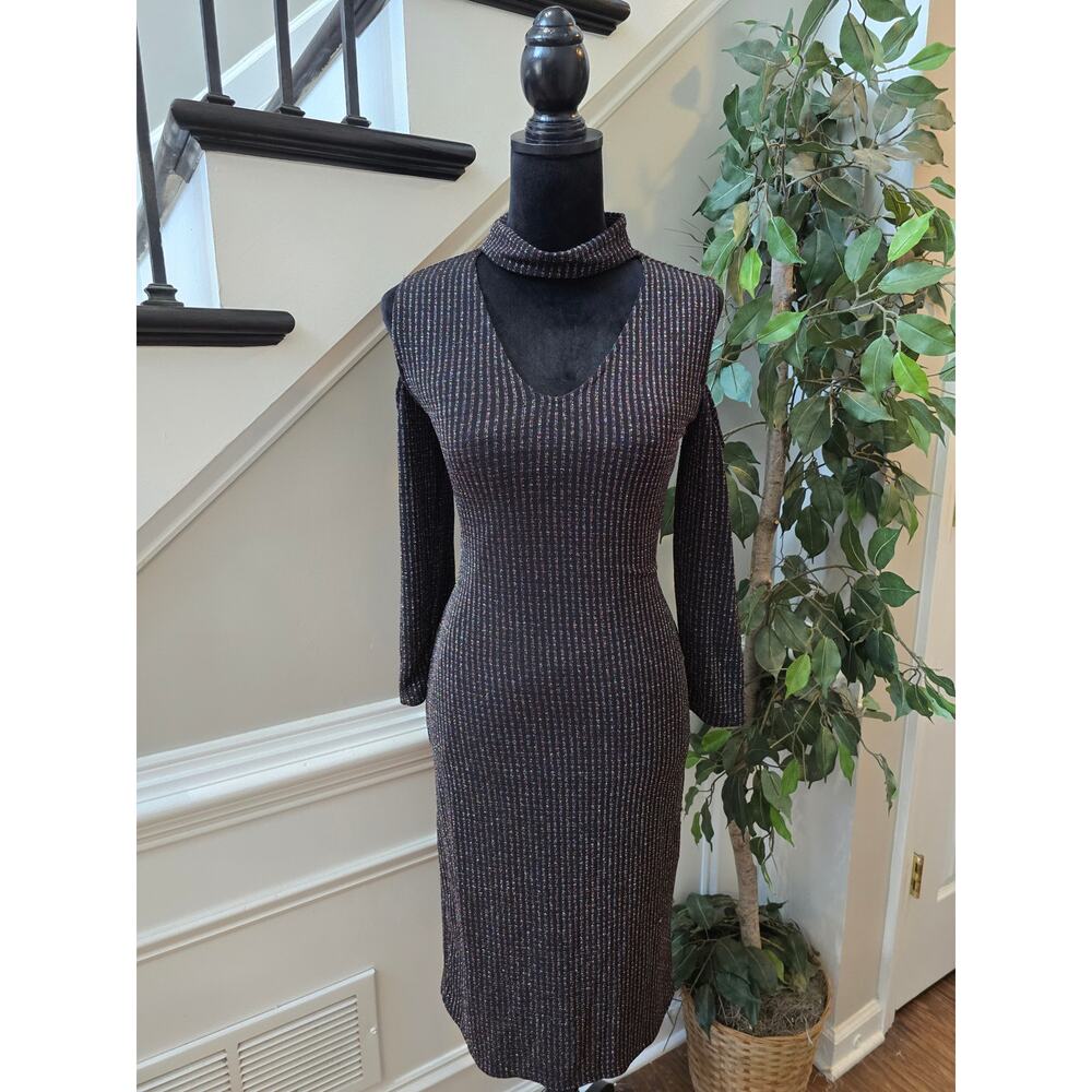 Bold Elements Bodycon Dress L Black Stretch Rainbow Striped Halter Long Sleeve